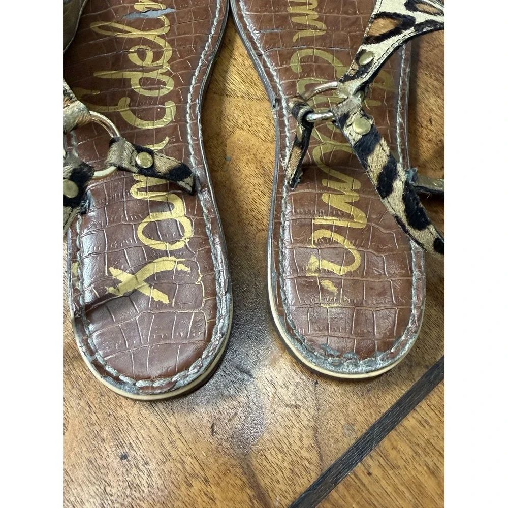 Sam Edelman Women's 10 Gigi Tan Leopard Calf Hair Thong Sandals Gold Accents